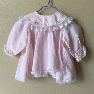 Vintage Haddad brothers pink long sleeve lace trim newborn dress
